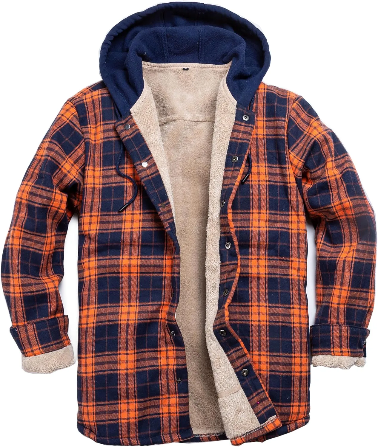 Men's Cotton Plaid Long Sleeve Shirts Jacket Fleece Lined Flannel Shirts Sherpa Button Down Coat with Hood