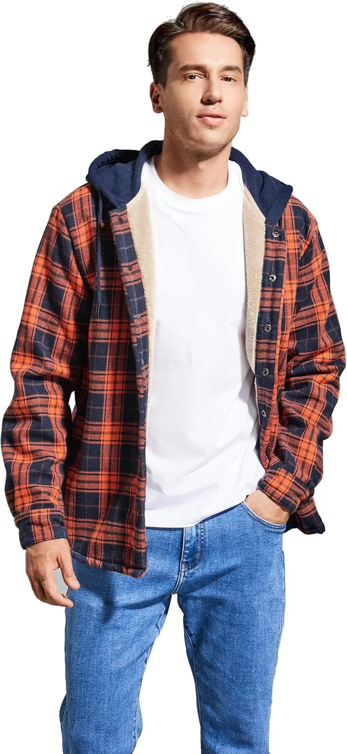 Men's Cotton Plaid Long Sleeve Shirts Jacket Fleece Lined Flannel Shirts Sherpa Button Down Coat with Hood