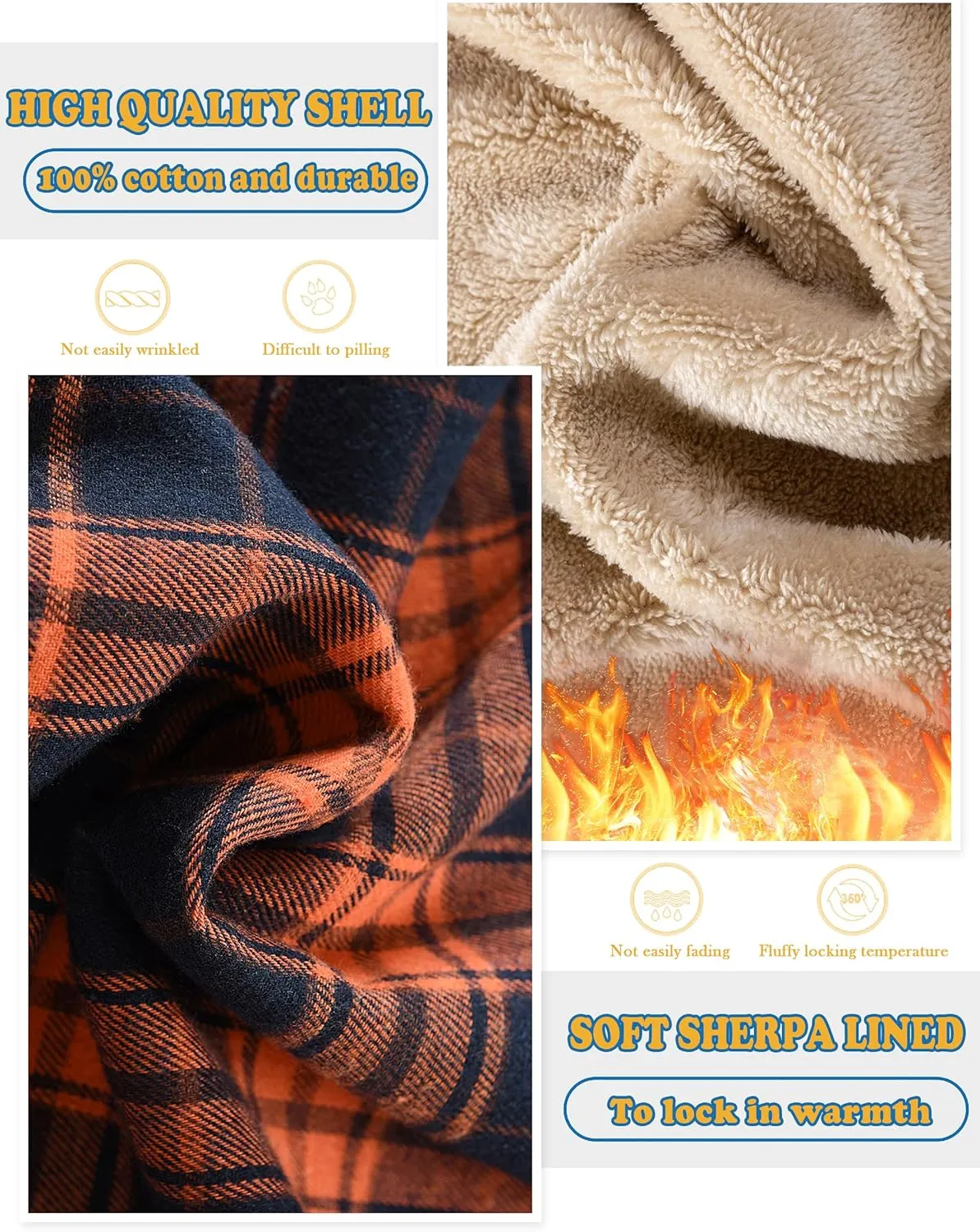 Men's Cotton Plaid Long Sleeve Shirts Jacket Fleece Lined Flannel Shirts Sherpa Button Down Coat with Hood