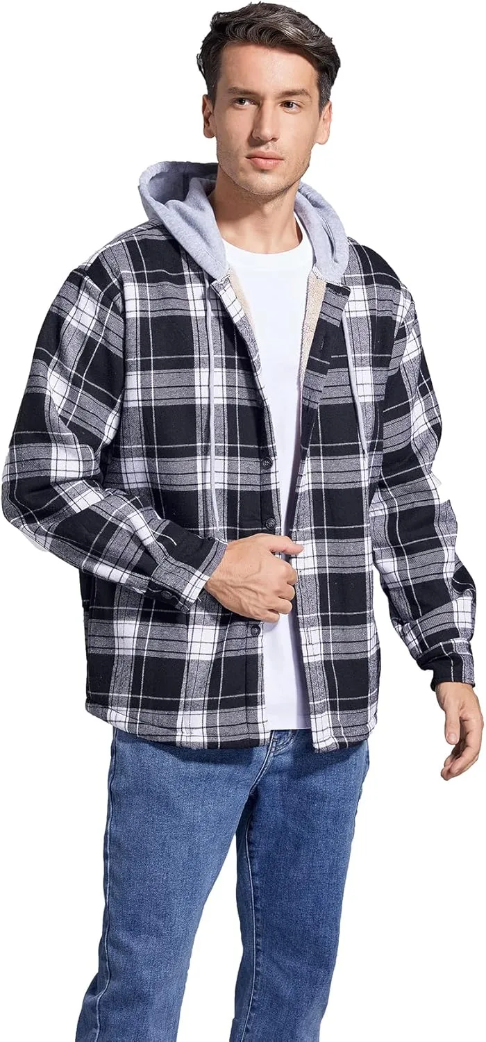 Men's Cotton Plaid Shirts Jacket Fleece Lined Flannel Shirts Sherpa Button Down Jackets with Hood for Men