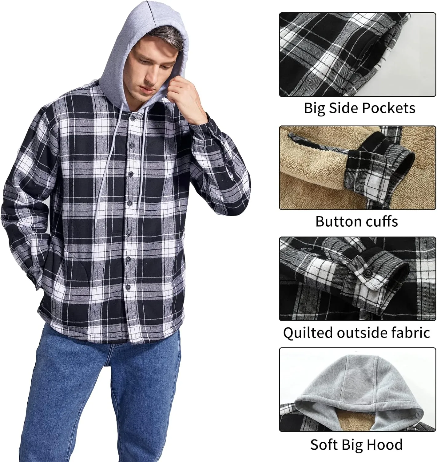 Men's Cotton Plaid Shirts Jacket Fleece Lined Flannel Shirts Sherpa Button Down Jackets with Hood for Men