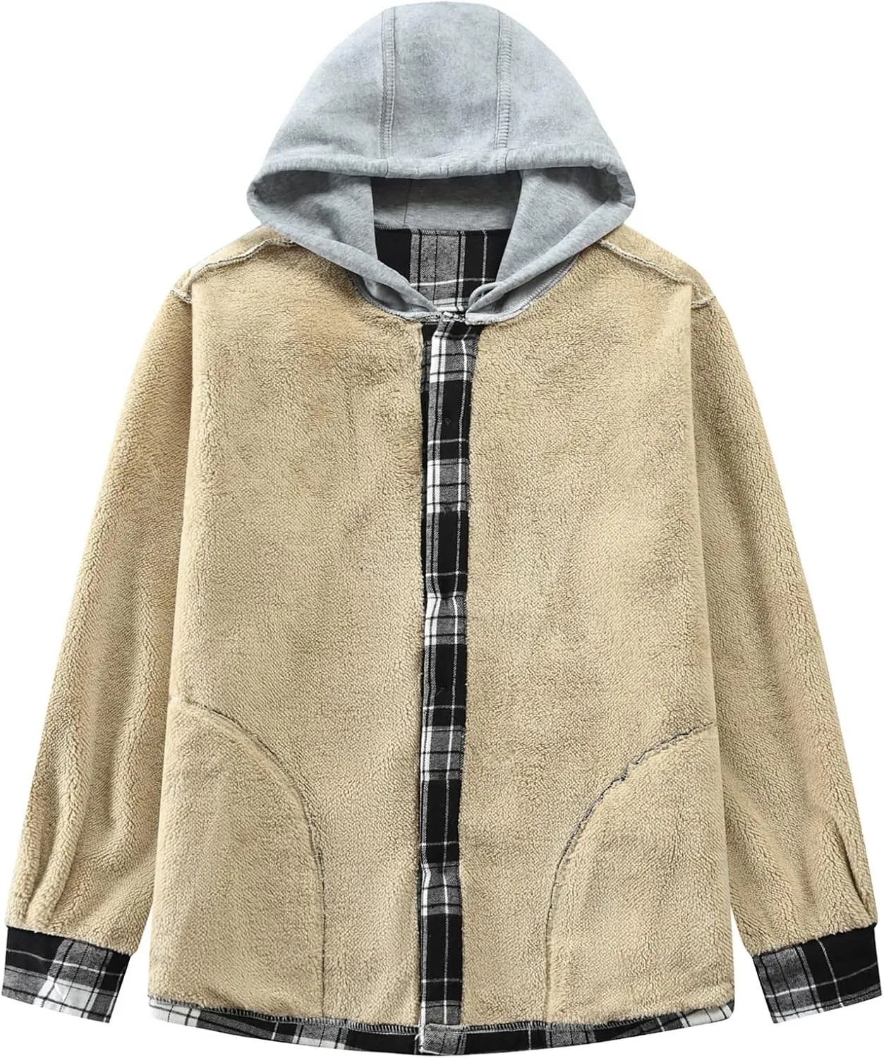 Men's Cotton Plaid Shirts Jacket Fleece Lined Flannel Shirts Sherpa Button Down Jackets with Hood for Men