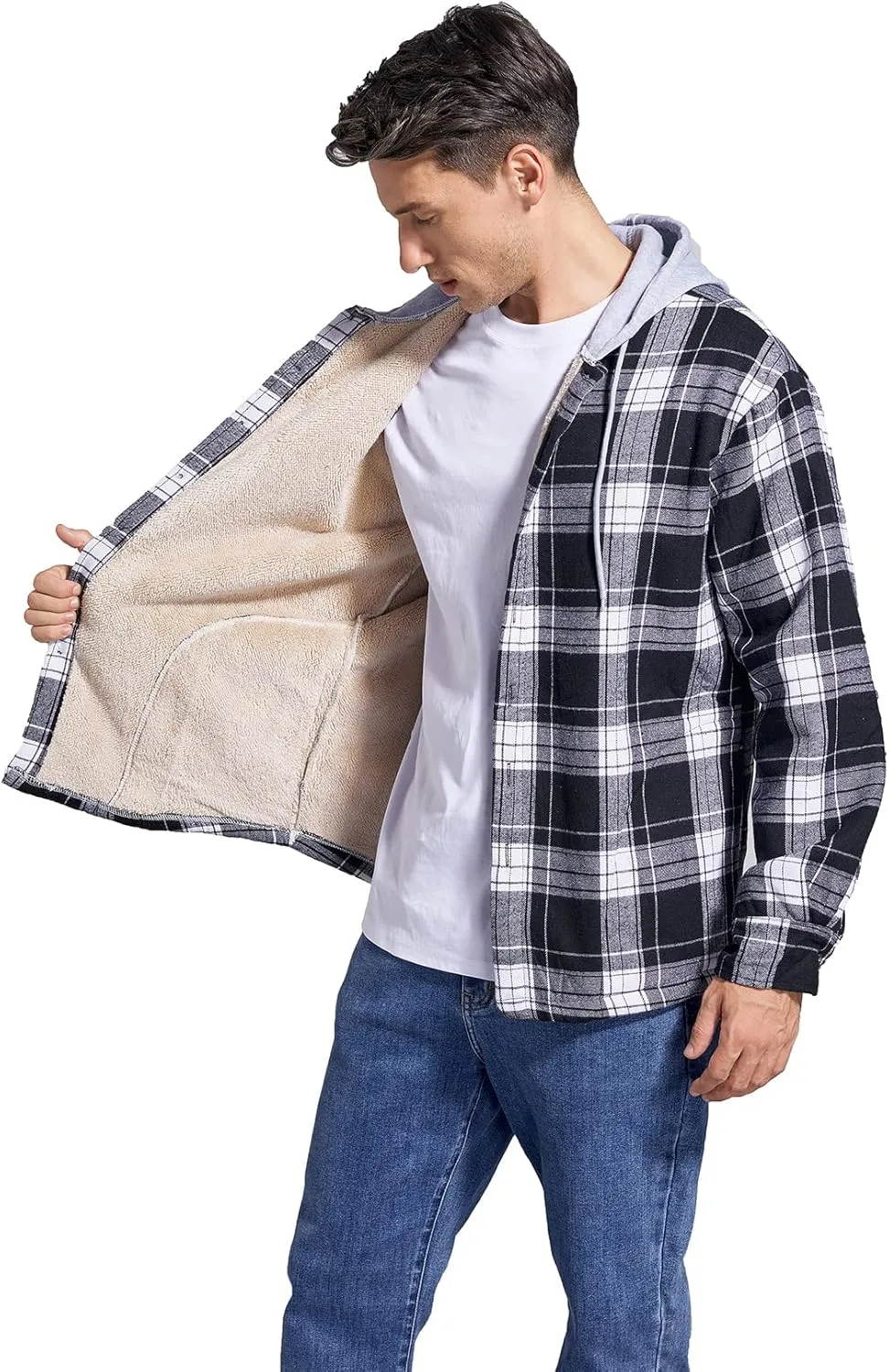 Men's Cotton Plaid Shirts Jacket Fleece Lined Flannel Shirts Sherpa Button Down Jackets with Hood for Men