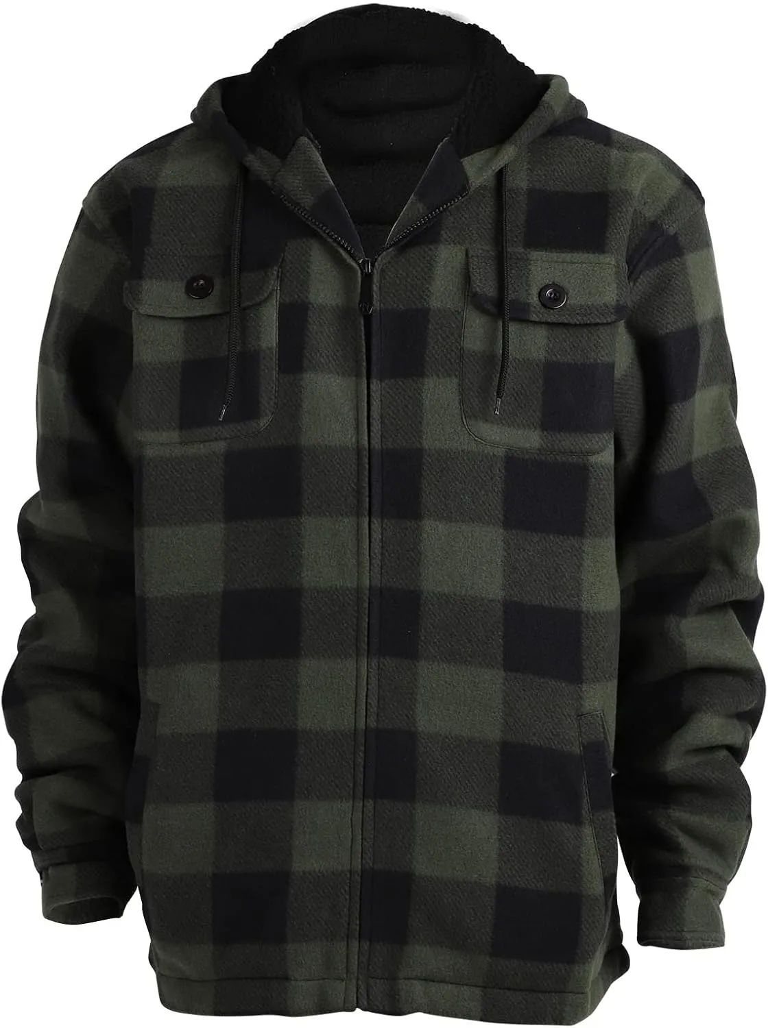 Mens Flannel Jackets Sherpa Lined Fleece Zip Up Winter Warm Workout Plaid Sweatshirt with Hood