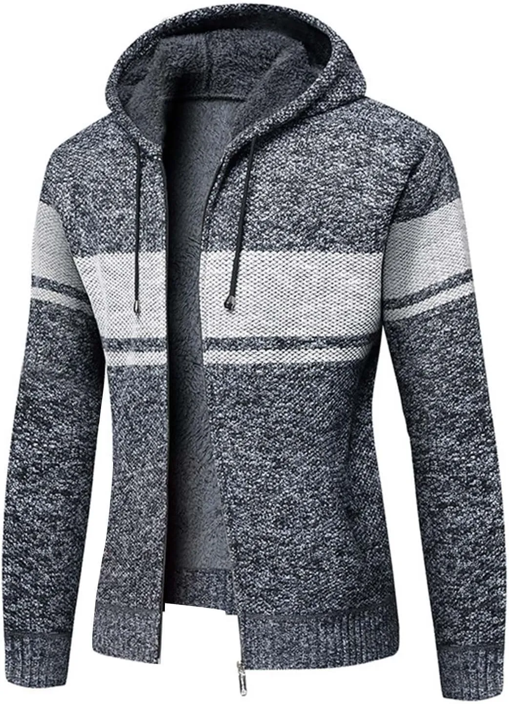 Mens Fleece Jacket Coat Full Zip Hoodies Sherpa Lined Hooded Jacket Thick Open Front Knit Cardigan Sweaters Outerwear