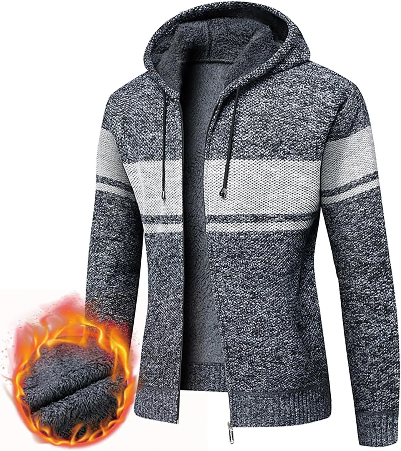 Mens Fleece Jacket Coat Full Zip Hoodies Sherpa Lined Hooded Jacket Thick Open Front Knit Cardigan Sweaters Outerwear