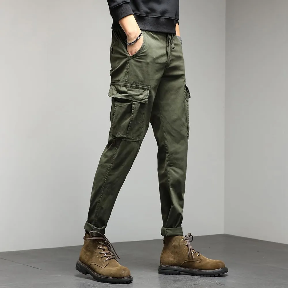 Men's Regular Fit Tactical Cargo Pants Drawstring Cotton Multi Pockets Work Trousers