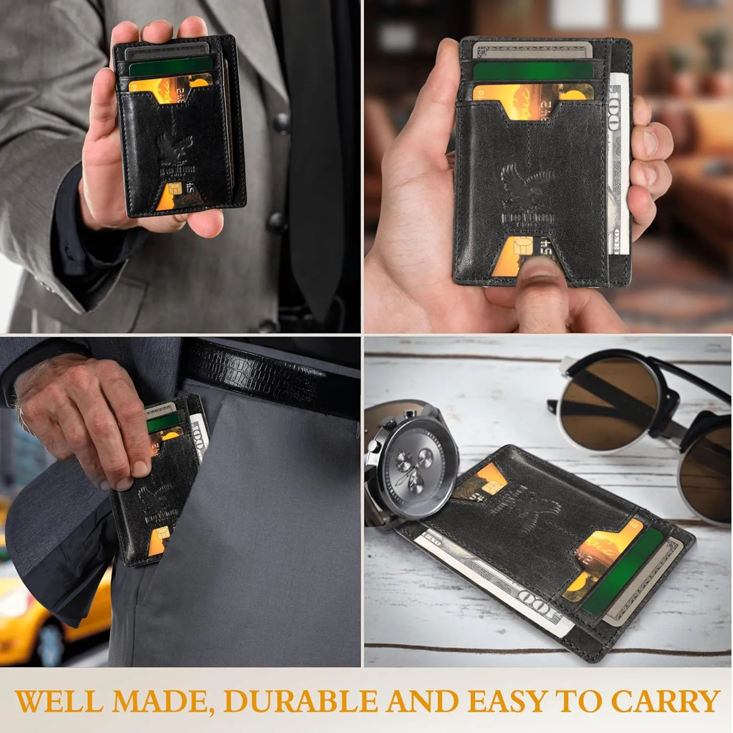 Mens RFID Blocking Leather Slim Card Case Wallet with Easy Access ID windows, Cash & Card Slots, Crafted with Premium Top Grain Leather Ideal for Travel or Everyday Use (Wild Eagle Black Mountain)