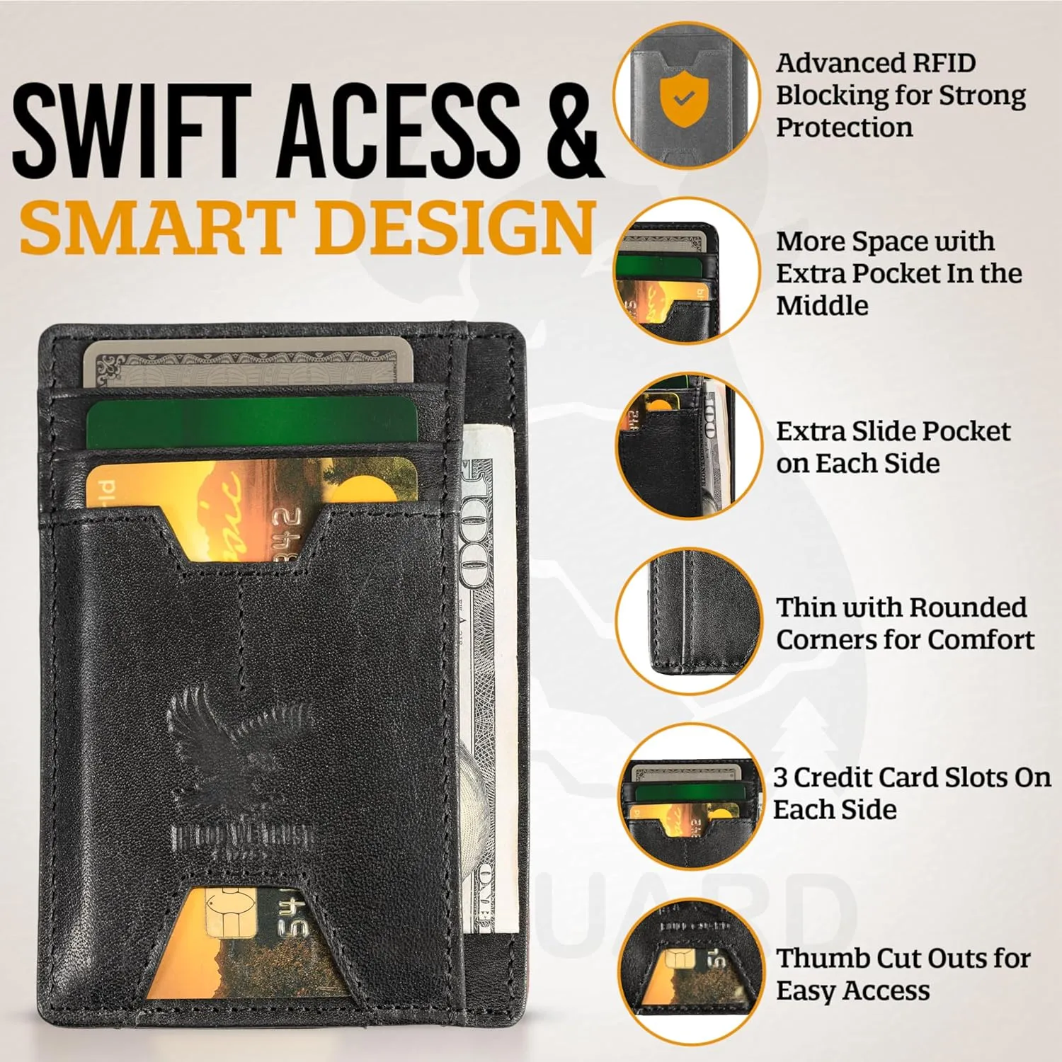 Mens RFID Blocking Leather Slim Card Case Wallet with Easy Access ID windows, Cash & Card Slots, Crafted with Premium Top Grain Leather Ideal for Travel or Everyday Use (Wild Eagle Black Mountain)