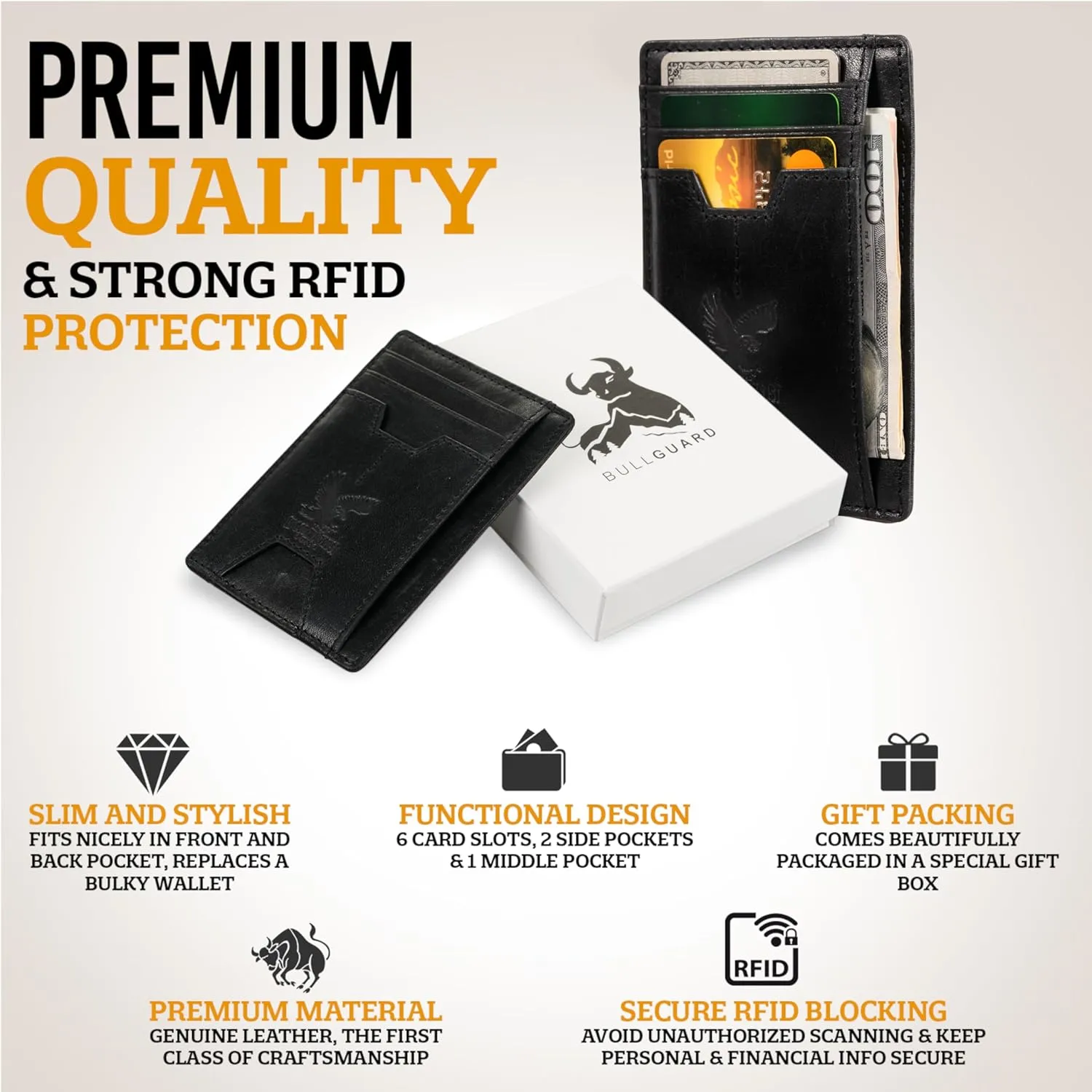 Mens RFID Blocking Leather Slim Card Case Wallet with Easy Access ID windows, Cash & Card Slots, Crafted with Premium Top Grain Leather Ideal for Travel or Everyday Use (Wild Eagle Black Mountain)