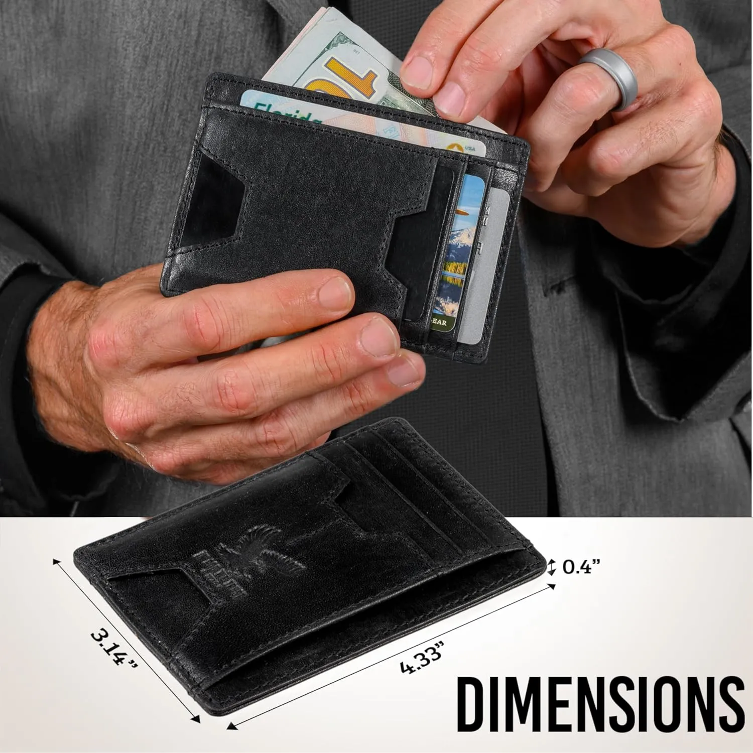 Mens RFID Blocking Leather Slim Card Case Wallet with Easy Access ID windows, Cash & Card Slots, Crafted with Premium Top Grain Leather Ideal for Travel or Everyday Use (Wild Eagle Black Mountain)
