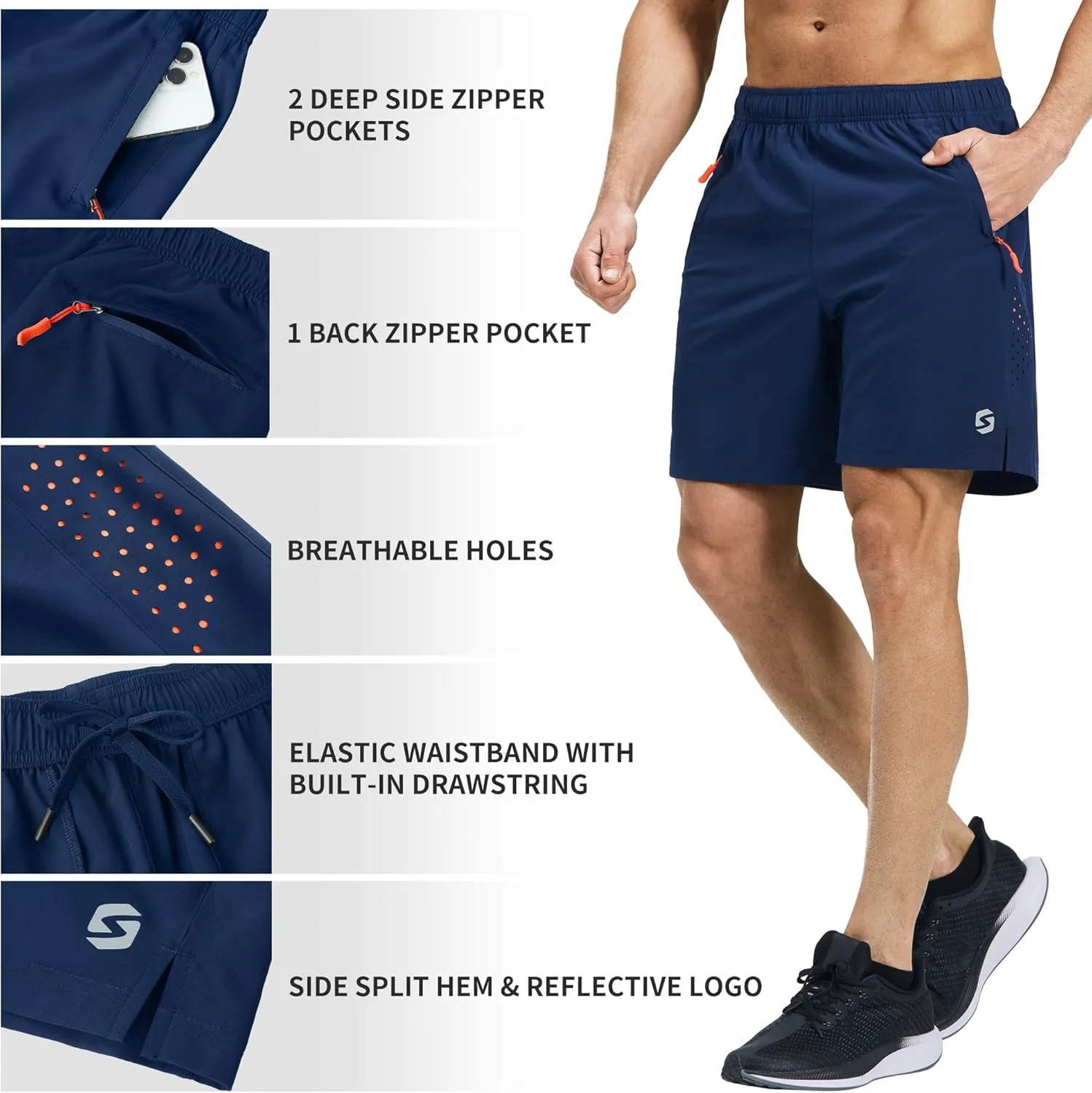 Men’s Running Athletic Shorts 7 Inch Quick Dry Lightweight Workout Gym Tennis Shorts 3 Zipper Pockets