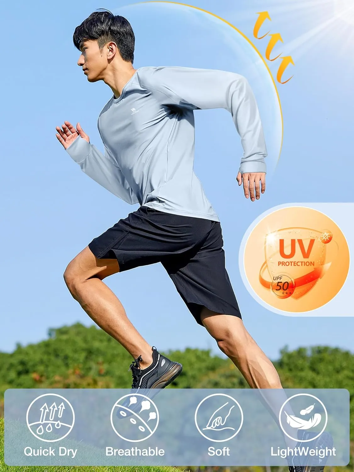 Mens Sun Protection Shirts UV SPF UPF 50  Long Sleeve Rash Guard Fishing Running Swim T-Shirt Quick-Dry Lightweight