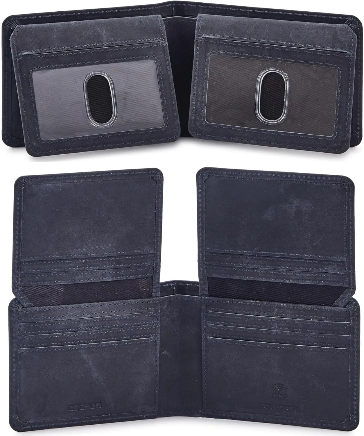Mens Wallet Real Leather Bifold RFID Blocking High Capacity Card Case with 2 ID Window in Gift Box (Crazy Horse, Navy)