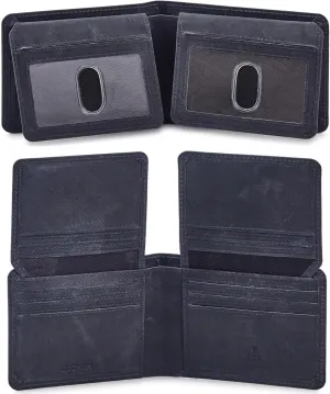Mens Wallet Real Leather Bifold RFID Blocking High Capacity Card Case with 2 ID Window in Gift Box (Crazy Horse, Navy)