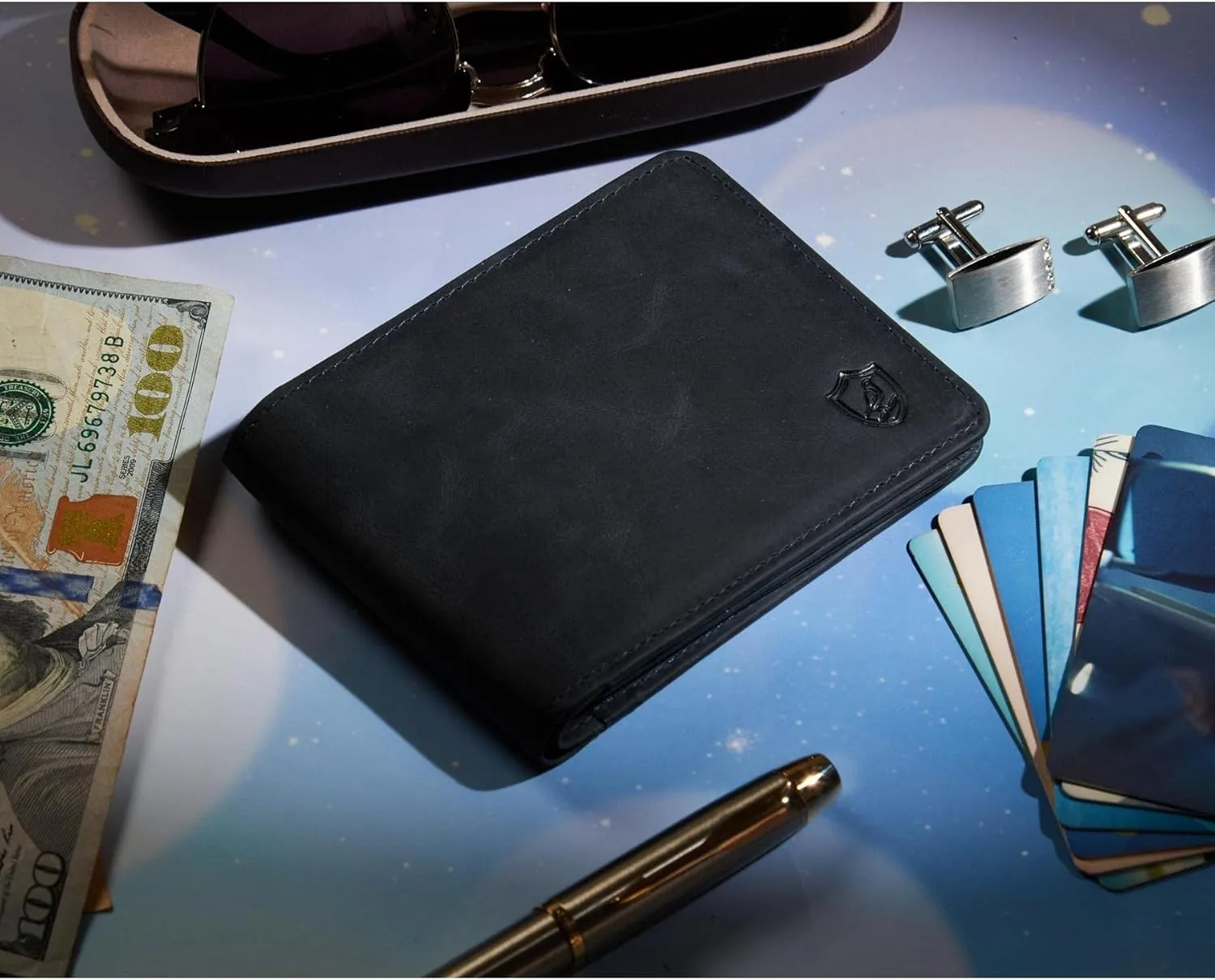 Mens Wallet Real Leather Bifold RFID Blocking High Capacity Card Case with 2 ID Window in Gift Box (Crazy Horse, Navy)