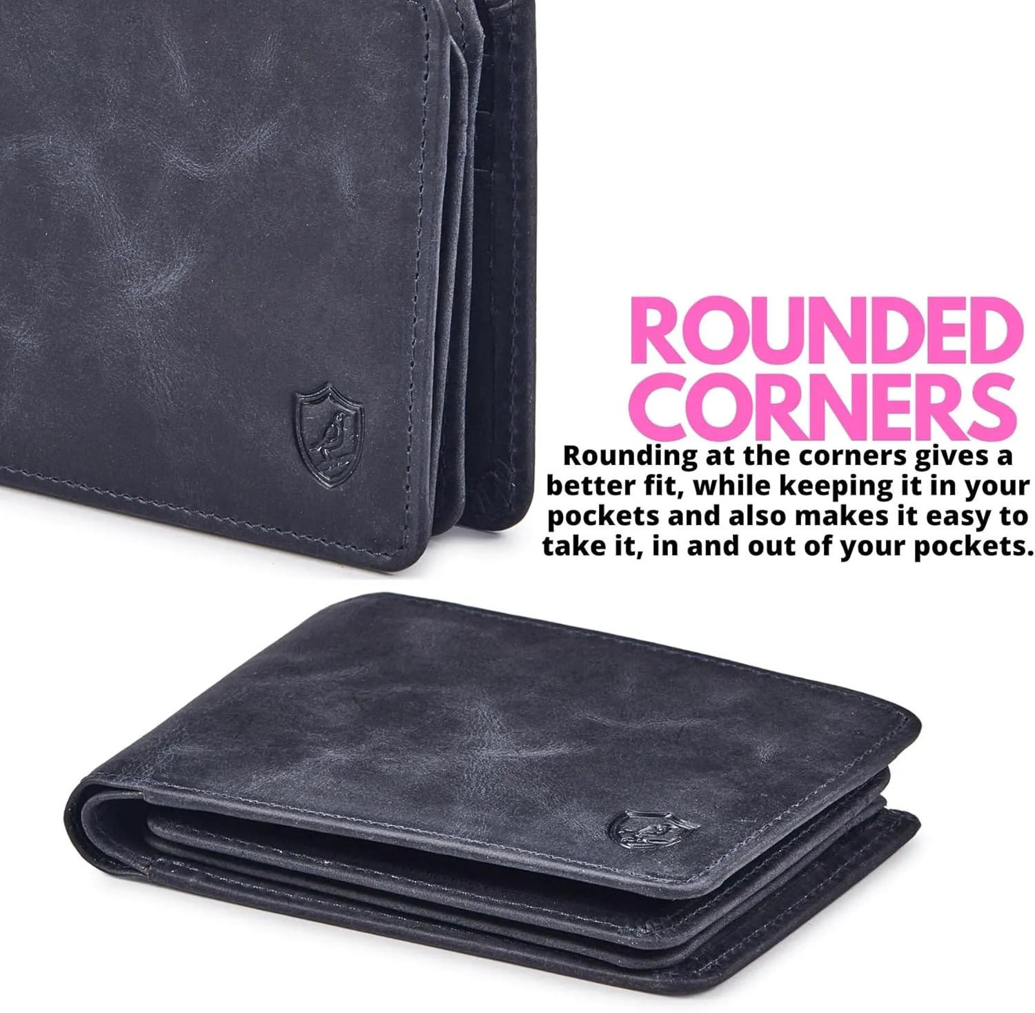 Mens Wallet Real Leather Bifold RFID Blocking High Capacity Card Case with 2 ID Window in Gift Box (Crazy Horse, Navy)