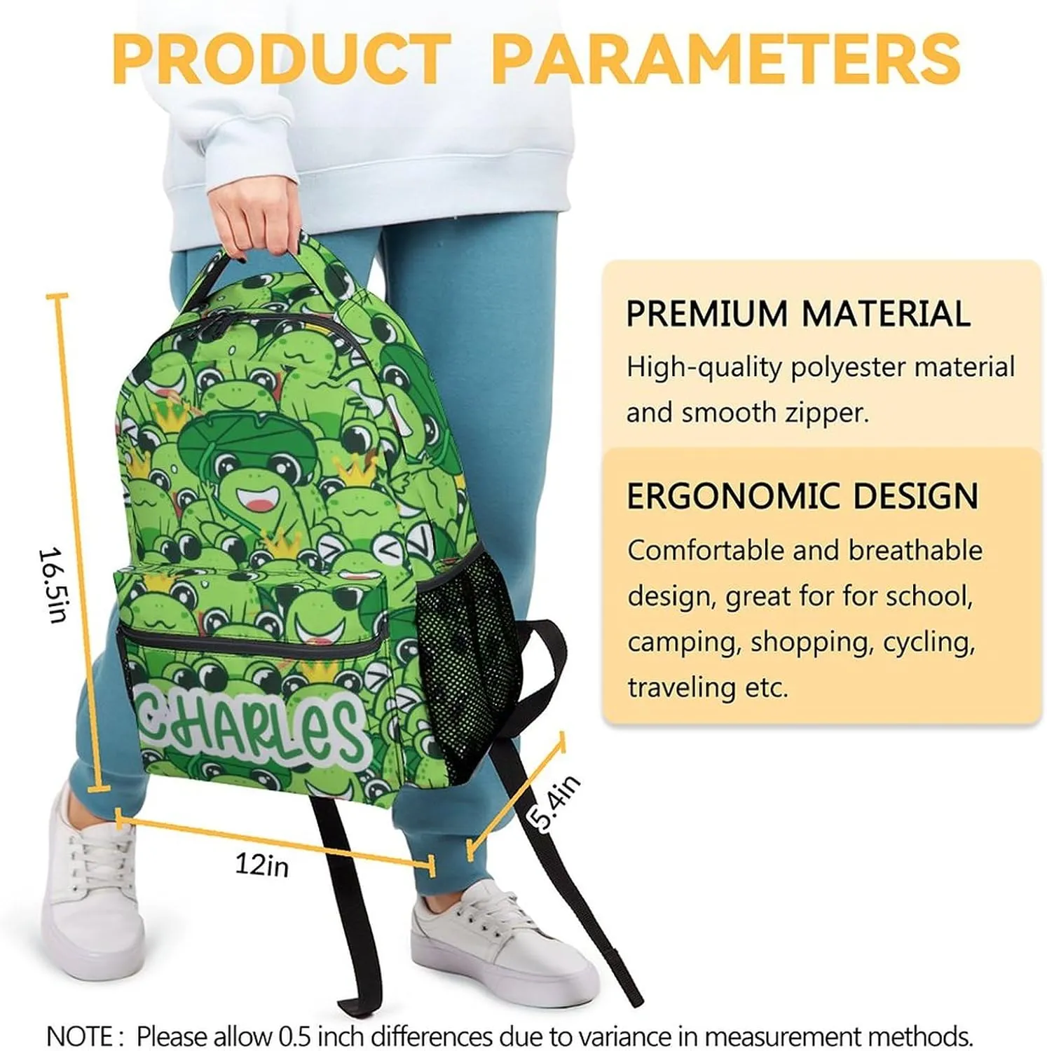 Mercuryelf Personalized Frog Backpack for Girls Boys, 16 Inch Green Backpacks for School Travel, Cute Lightweight Bookbag for Kids
