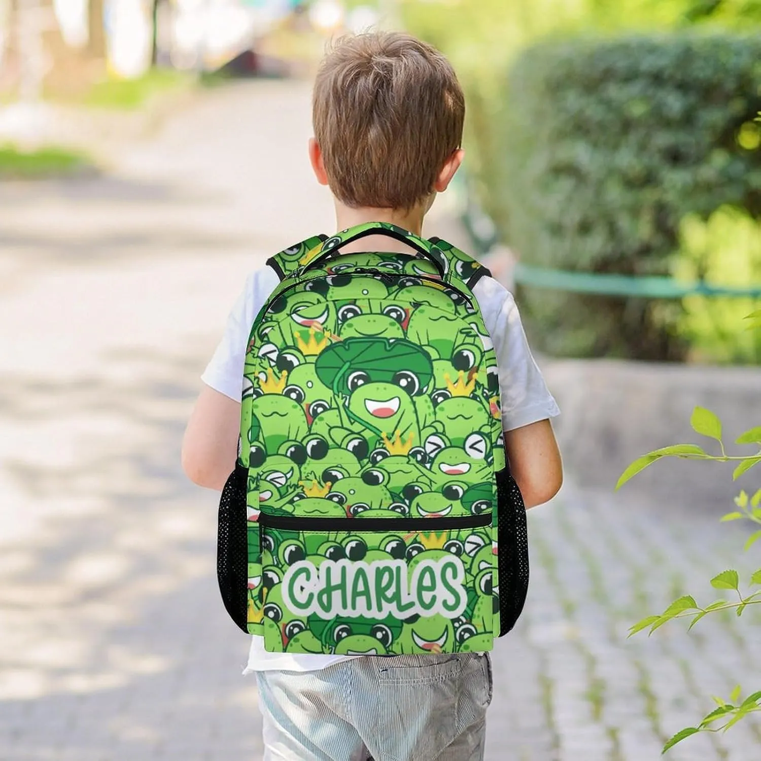 Mercuryelf Personalized Frog Backpack for Girls Boys, 16 Inch Green Backpacks for School Travel, Cute Lightweight Bookbag for Kids