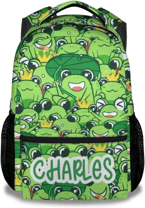 Mercuryelf Personalized Frog Backpack for Girls Boys, 16 Inch Green Backpacks for School Travel, Cute Lightweight Bookbag for Kids