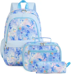 Mermaid Backpack for Girls, Kids School Bookbag Set, Elementary Primary School Book Bag with Lunch Bag Pencil Case