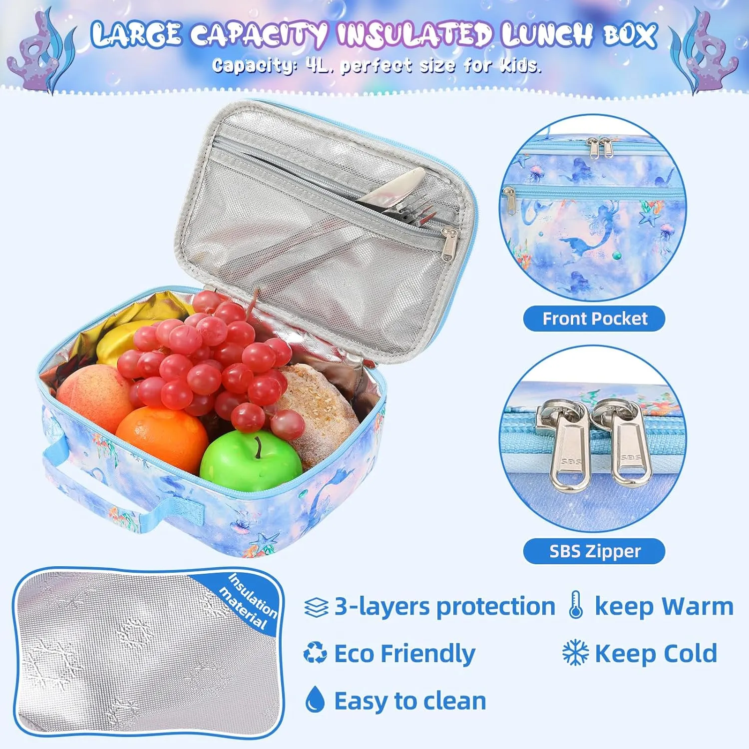 Mermaid Backpack for Girls, Kids School Bookbag Set, Elementary Primary School Book Bag with Lunch Bag Pencil Case