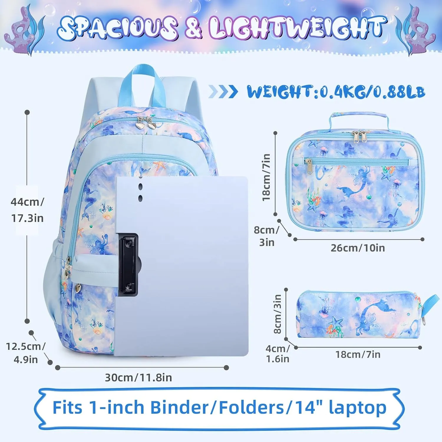 Mermaid Backpack for Girls, Kids School Bookbag Set, Elementary Primary School Book Bag with Lunch Bag Pencil Case