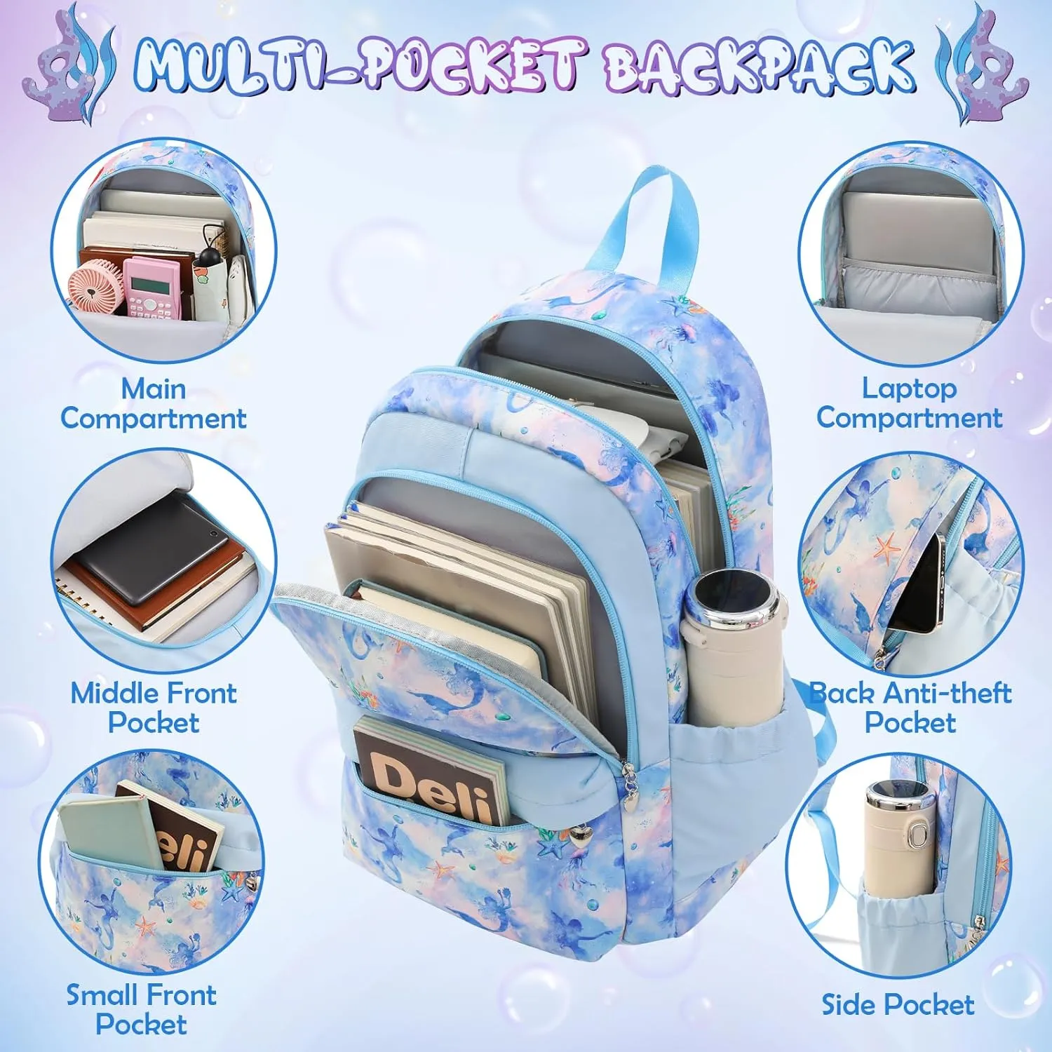 Mermaid Backpack for Girls, Kids School Bookbag Set, Elementary Primary School Book Bag with Lunch Bag Pencil Case