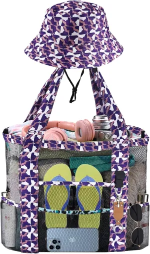 Mesh Beach Tote Bag with Sun Hat for Women, Foldable Multi-Purpose Large Tote Bag