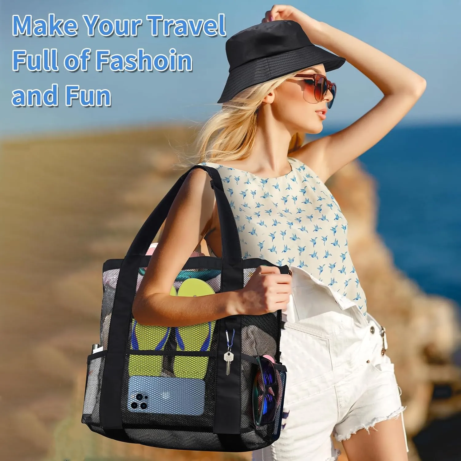 Mesh Beach Tote Bag with Sun Hat for Women, Foldable Multi-Purpose Large Tote Bag