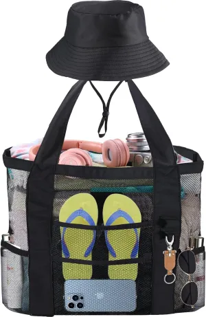 Mesh Beach Tote Bag with Sun Hat for Women, Foldable Multi-Purpose Large Tote Bag