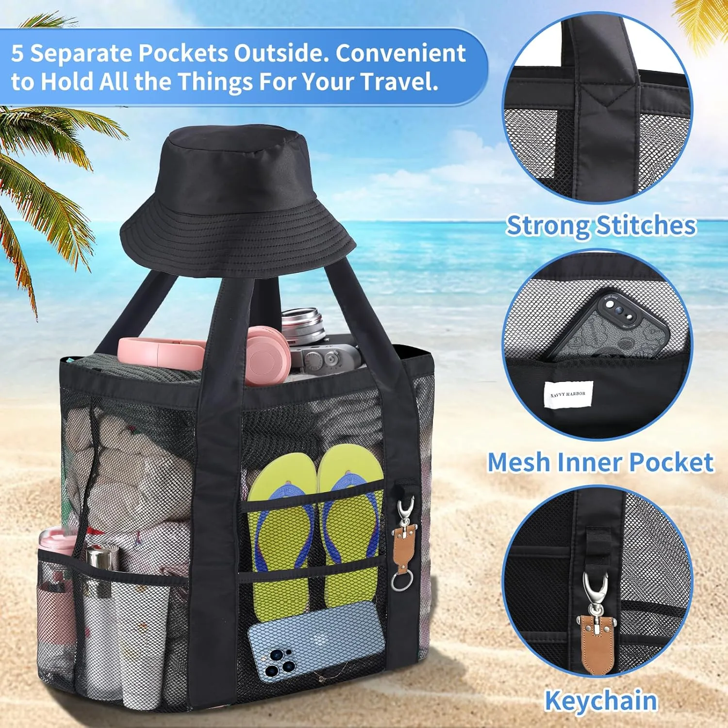 Mesh Beach Tote Bag with Sun Hat for Women, Foldable Multi-Purpose Large Tote Bag