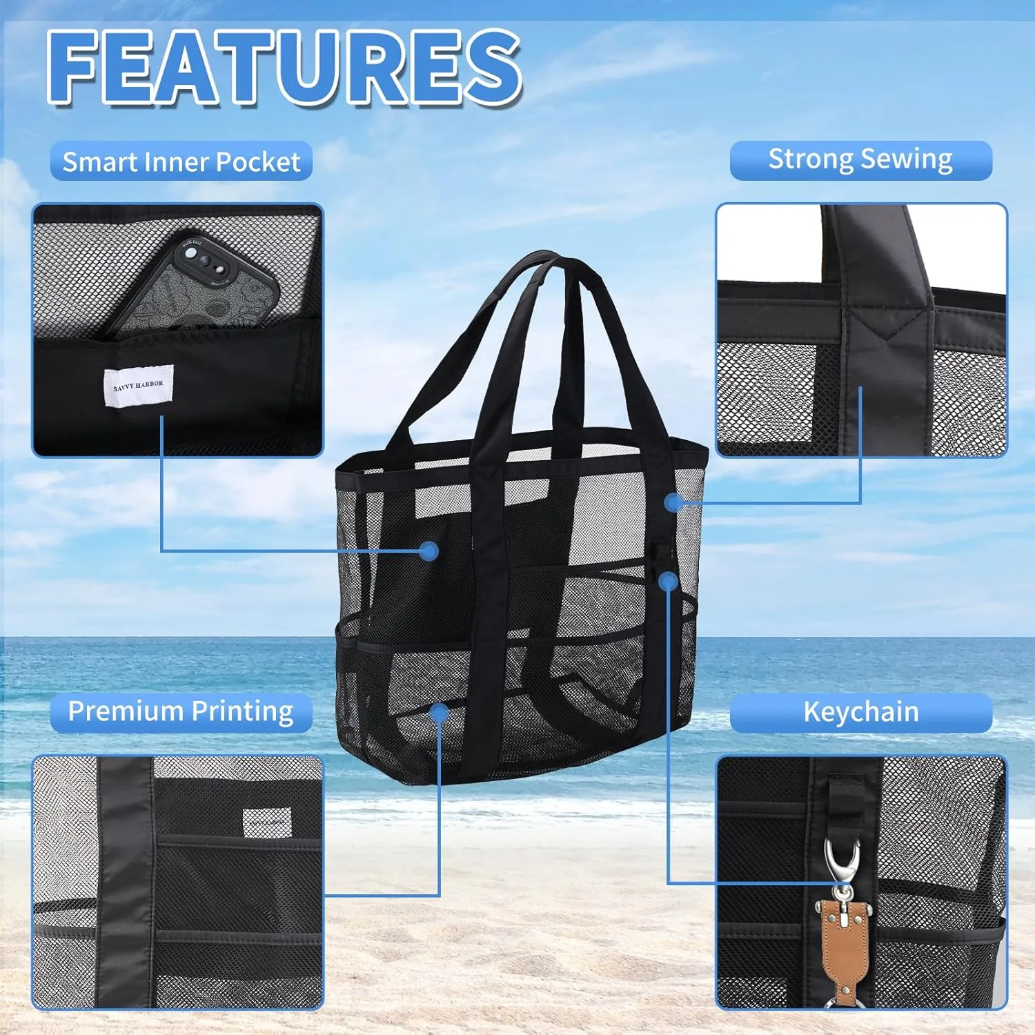 Mesh Beach Tote Bag with Sun Hat for Women, Foldable Multi-Purpose Large Tote Bag