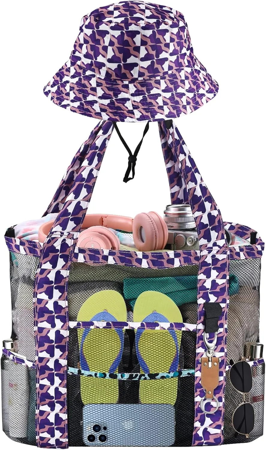 Mesh Beach Tote Bag with Sun Hat for Women, Foldable Multi-Purpose Large Tote Bag