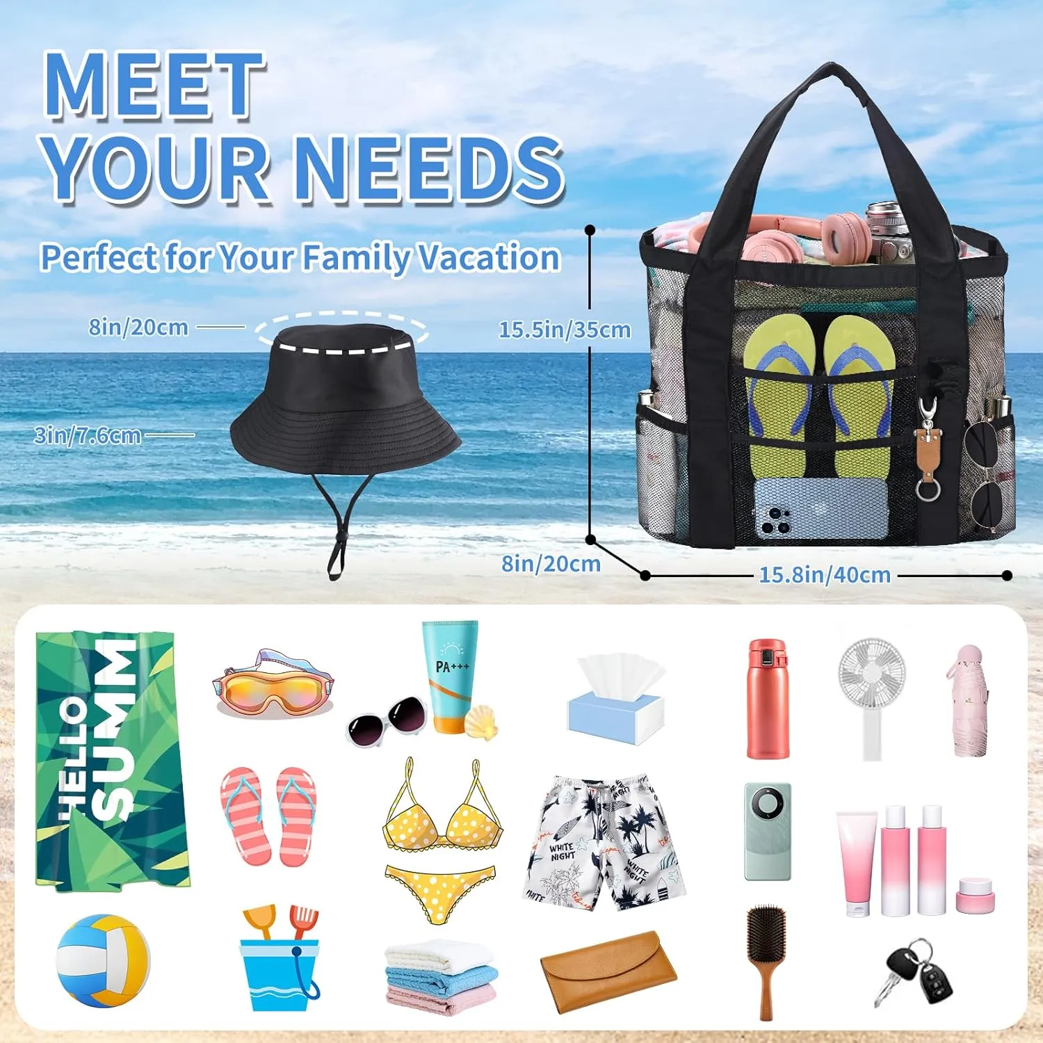 Mesh Beach Tote Bag with Sun Hat for Women, Foldable Multi-Purpose Large Tote Bag