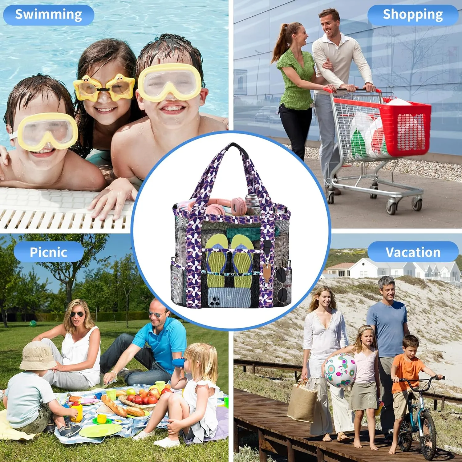 Mesh Beach Tote Bag with Sun Hat for Women, Foldable Multi-Purpose Large Tote Bag