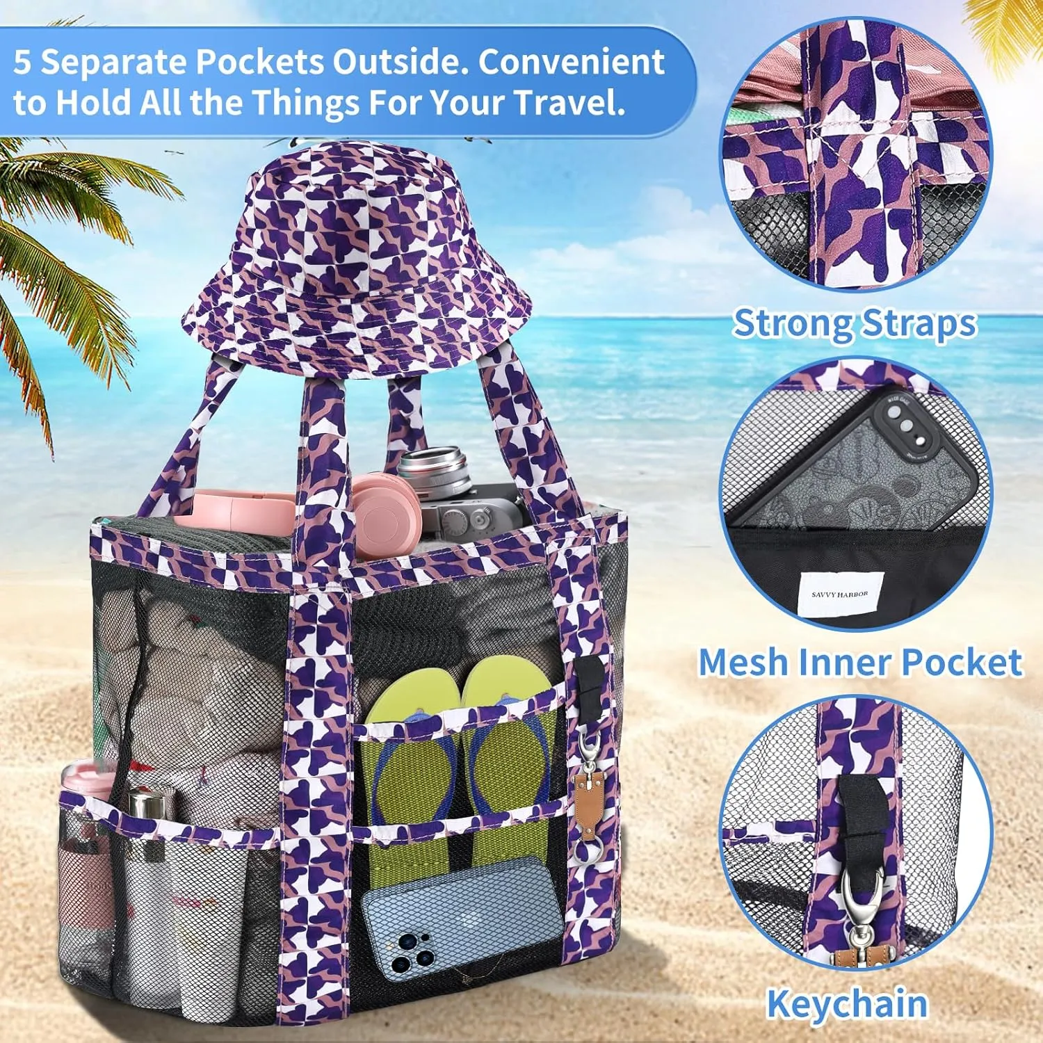 Mesh Beach Tote Bag with Sun Hat for Women, Foldable Multi-Purpose Large Tote Bag