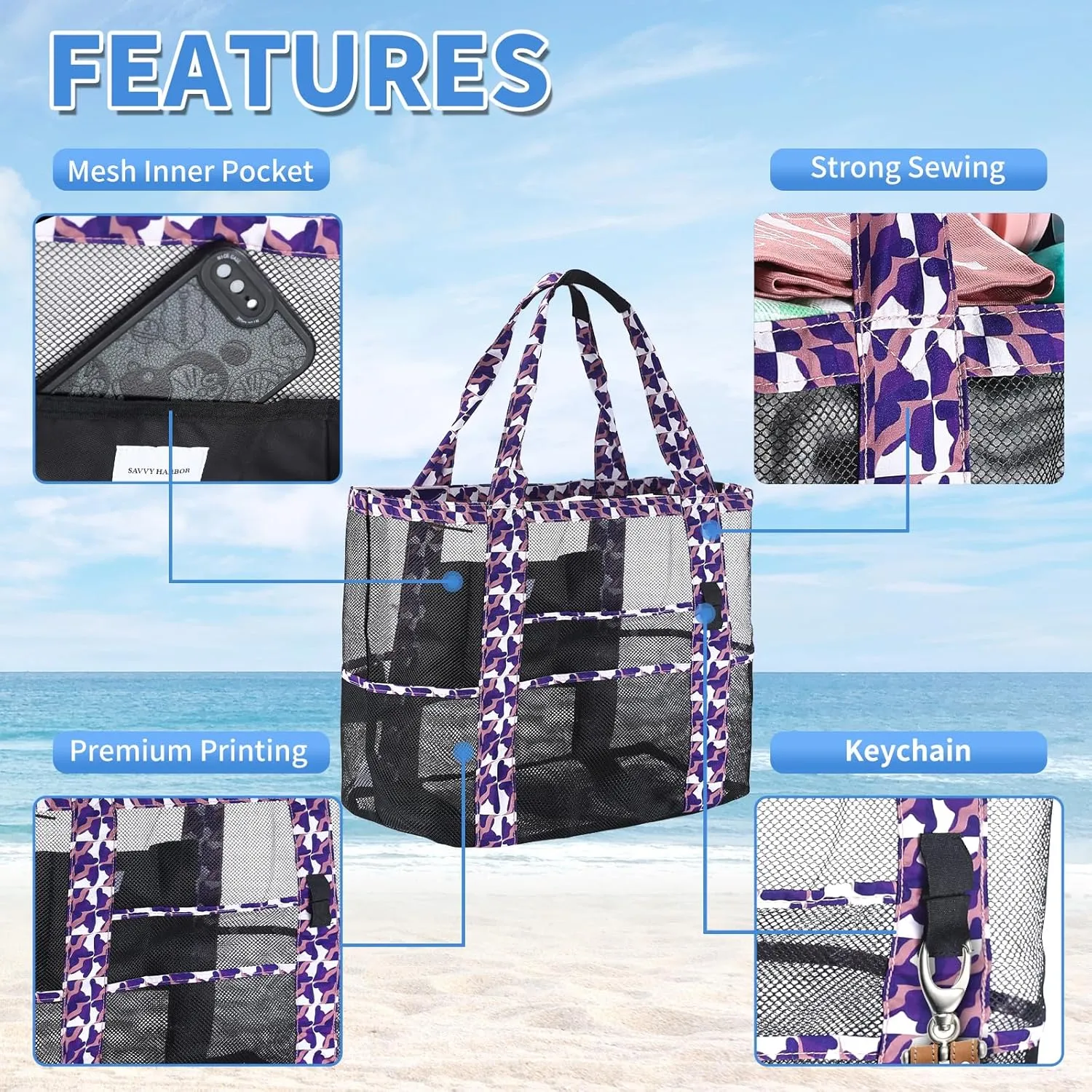 Mesh Beach Tote Bag with Sun Hat for Women, Foldable Multi-Purpose Large Tote Bag