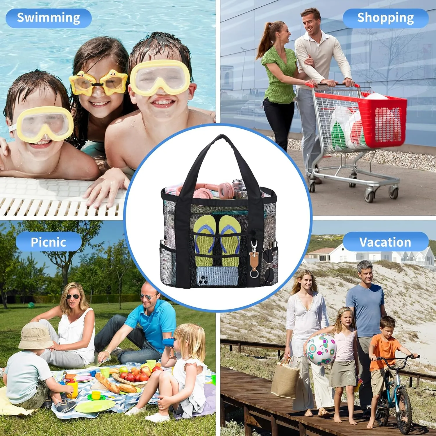 Mesh Beach Tote Bag with Sun Hat for Women, Foldable Multi-Purpose Large Tote Bag