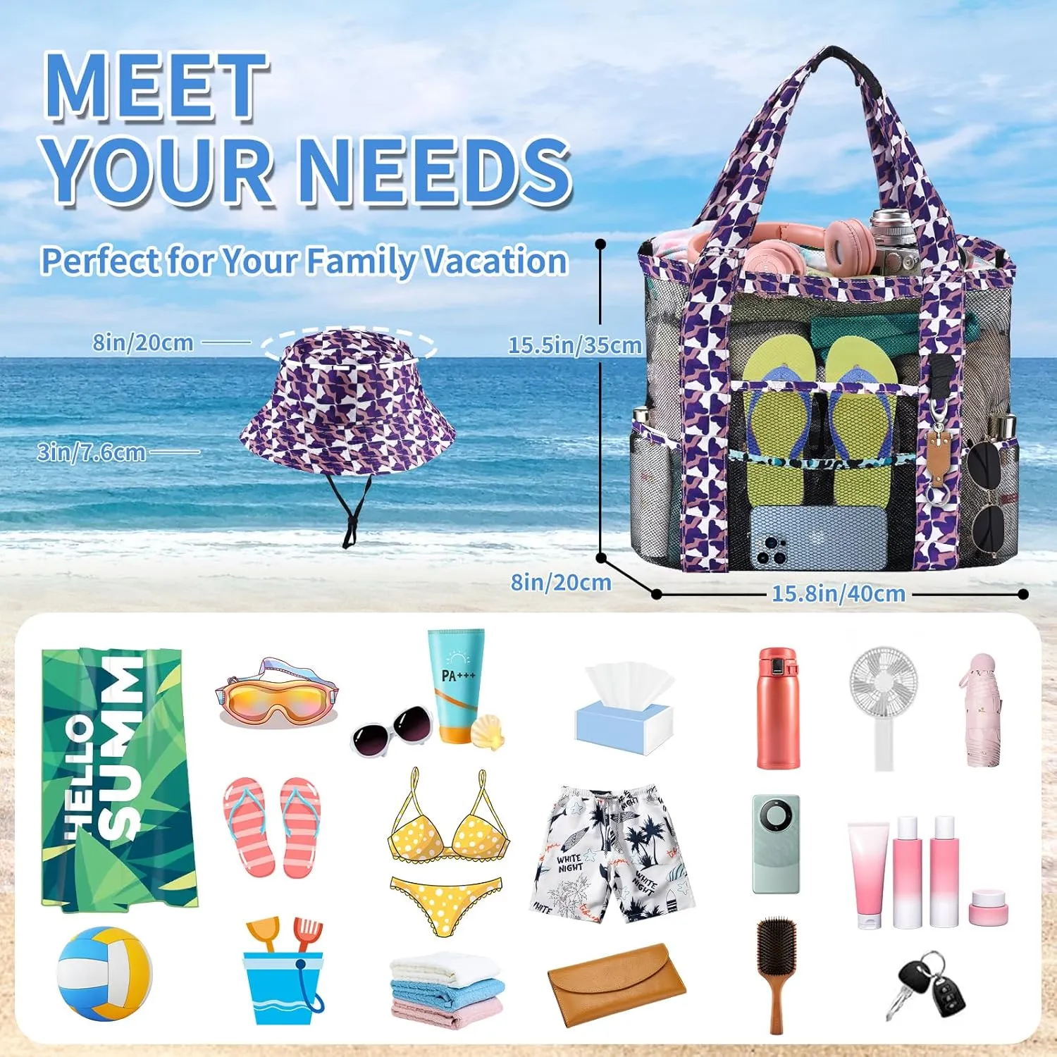 Mesh Beach Tote Bag with Sun Hat for Women, Foldable Multi-Purpose Large Tote Bag