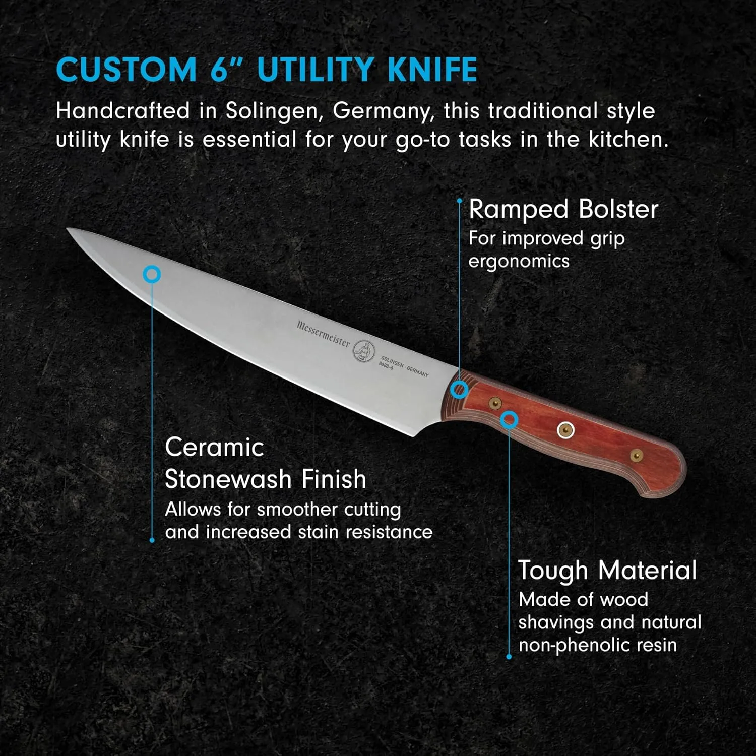 Messermeister Custom 6” Semi-Flexible Utility Knife, Terra Red - X50 German Stainless Steel - Rust Resistant & Easy to Maintain - Made in Solingen, Germany