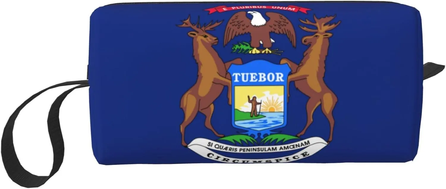 Michigan State Flag print Multi-Purpose Cosmetic Bag with Zipper Canvas Makeup Bag, Travel Toiletry Pouch, Pencil Bag