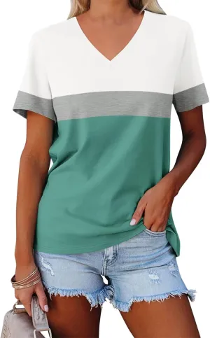 Minetom Women's Color Block/Solid Tops Short Sleeve V Neck T Shirts Summer Casual Tees
