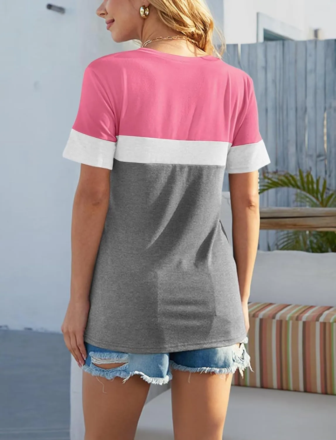 Minetom Women's Color Block/Solid Tops Short Sleeve V Neck T Shirts Summer Casual Tees