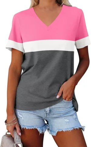 Minetom Women's Color Block/Solid Tops Short Sleeve V Neck T Shirts Summer Casual Tees