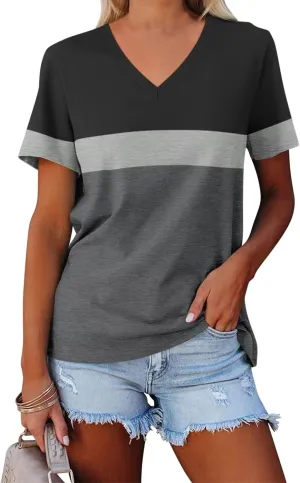 Minetom Women's Color Block/Solid Tops Short Sleeve V Neck T Shirts Summer Casual Tees