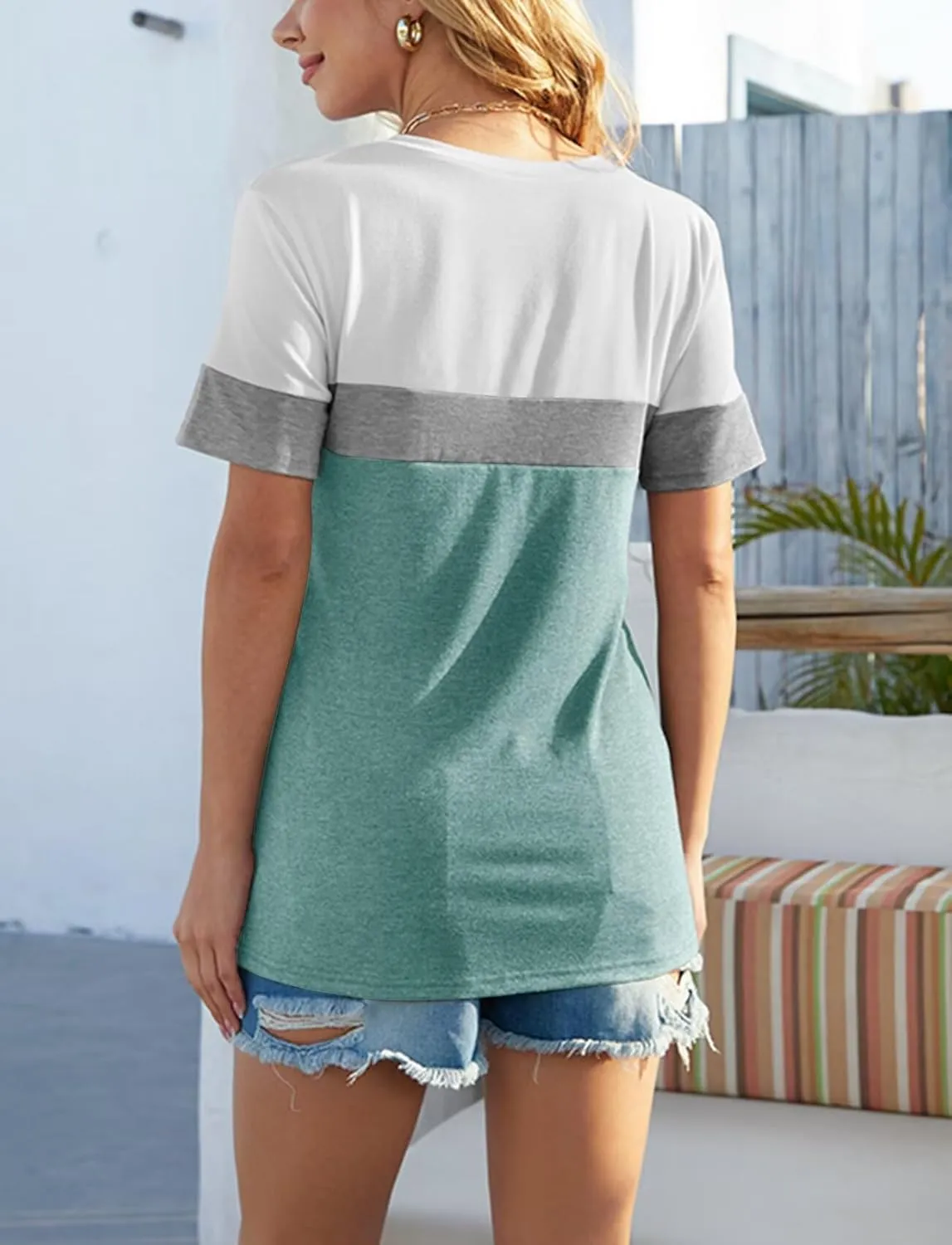 Minetom Women's Color Block/Solid Tops Short Sleeve V Neck T Shirts Summer Casual Tees