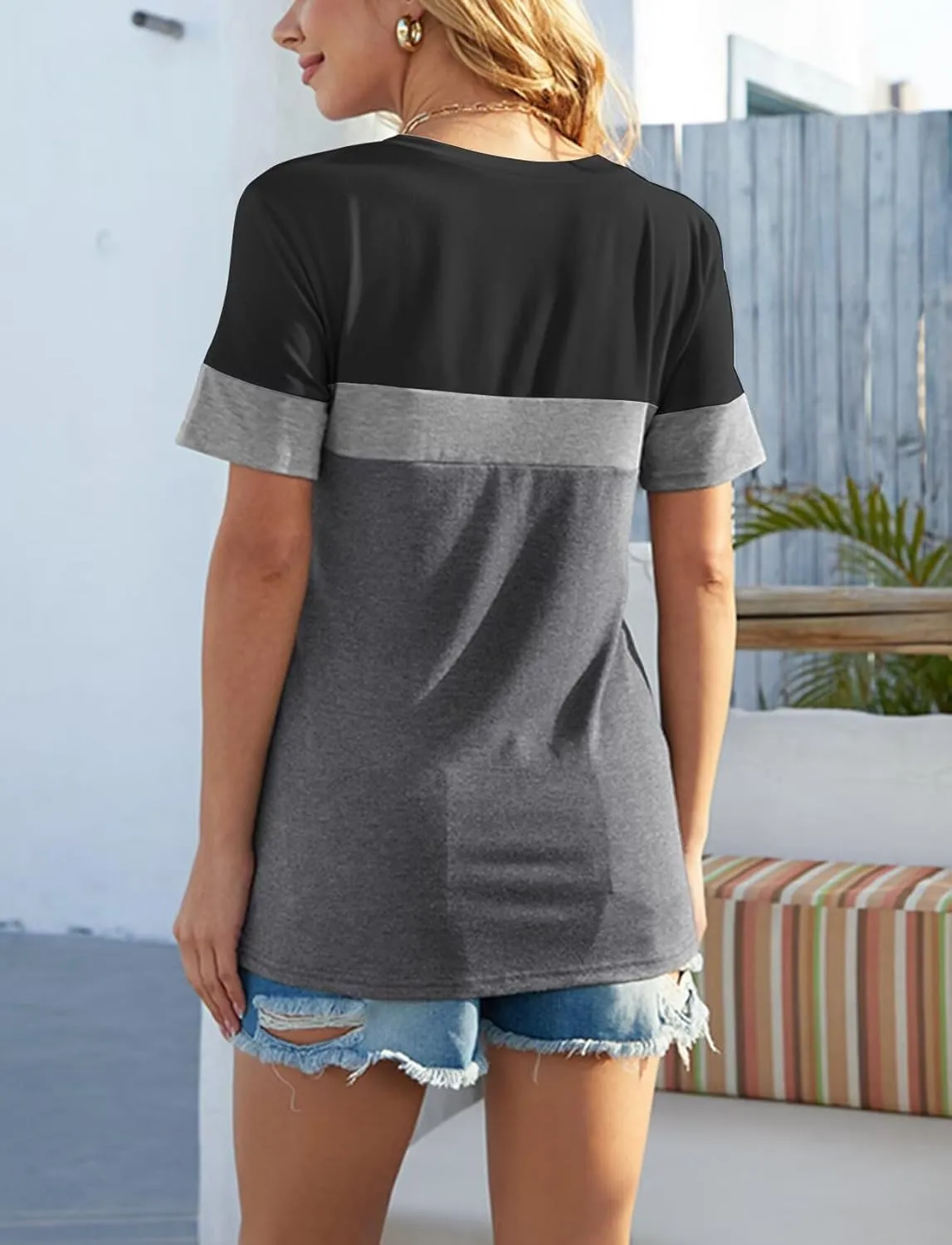 Minetom Women's Color Block/Solid Tops Short Sleeve V Neck T Shirts Summer Casual Tees