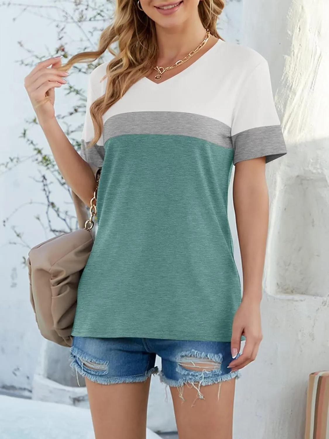 Minetom Women's Color Block/Solid Tops Short Sleeve V Neck T Shirts Summer Casual Tees