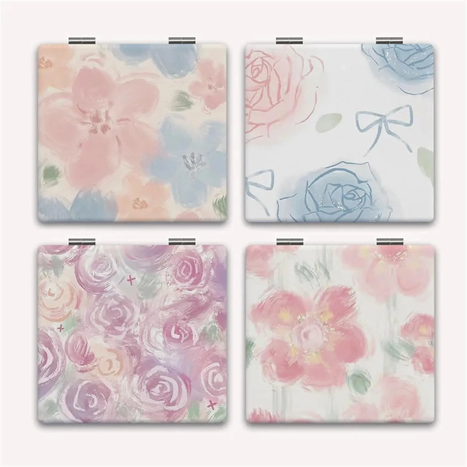 Mini Makeup Mirror 2pcs Mini Flower Small Mirror Handheld Foldableing Pu Makeup Mirror(Color-B)